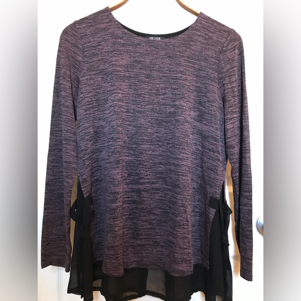 Nic + Zoe Tunic Top with Sheer Under Layer and Side Tie Detail Purple Shirt